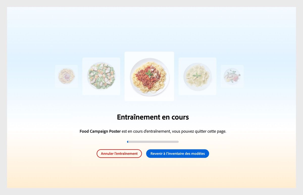 La mention « Entraînement en cours » s’affiche sur l’interface utilisateur. Elle est suivie du message « Food Campaign Poster est en cours d’entraînement, vous pouvez quitter cette page ».