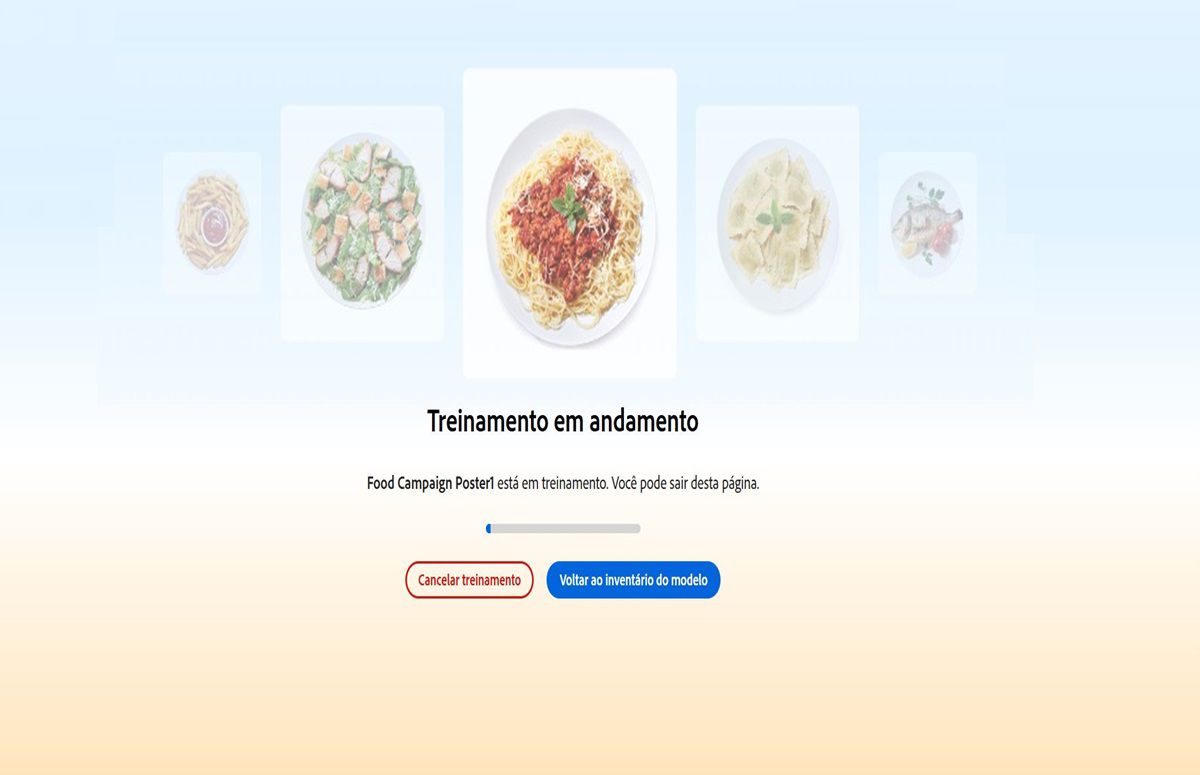 A IU exibe &quot;Treinamento em andamento&quot;. Abaixo, há uma mensagem indicando &quot;Cartaz da campanha de alimentos está sendo treinado, você pode sair desta página.&quot;