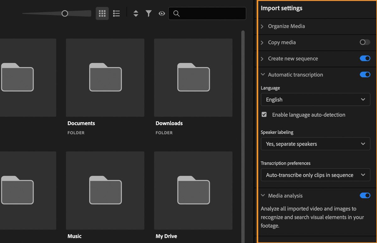 El panel Importación settings está abierto y tiene varios ajustes para modificar.Tiene la Transcripción automática activada y las Preferencias de transcripción configuradas para transcribir automáticamente todos los clips importados.También tiene la opción de actualizar sus opciones de Idioma y Etiquetado de hablantes según sus requisitos.