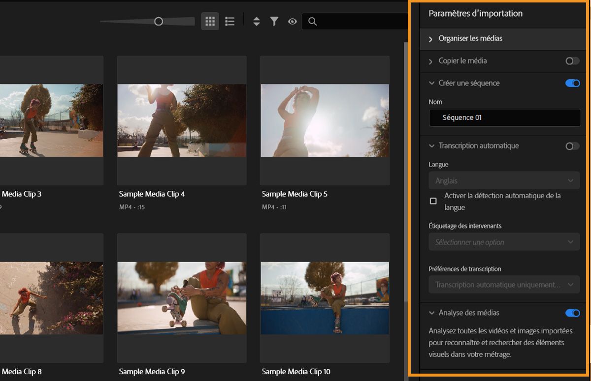 Le panneau Paramètres d’import est ouvert et comporte plusieurs paramètres à régler.La transcription automatique est activée et les préférences de transcription sont configurées pour transcrire automatiquement tous les clips importés.Vous avez également la possibilité de mettre à jour vos options Langue et Étiquetage des intervenantes et intervenants en fonction de vos besoins.
