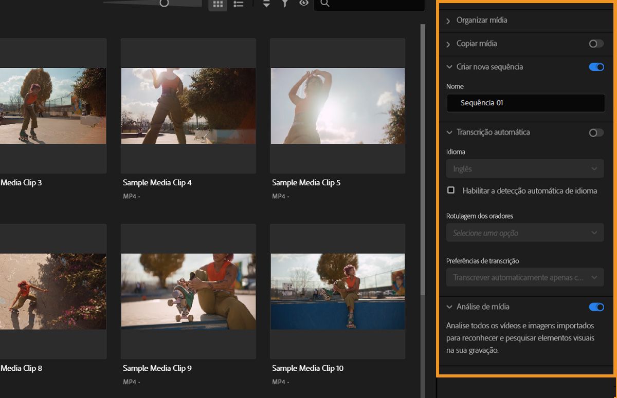 O painel de configurações de importação está aberto e possui várias configurações para ajustar. Ele tem a transcrição automática ativada e as preferências de transcrição configuradas para transcrever automaticamente todos os clipes importados.Você também pode atualizar as opções de idioma e rotulagem de locutores de acordo com as suas necessidades.