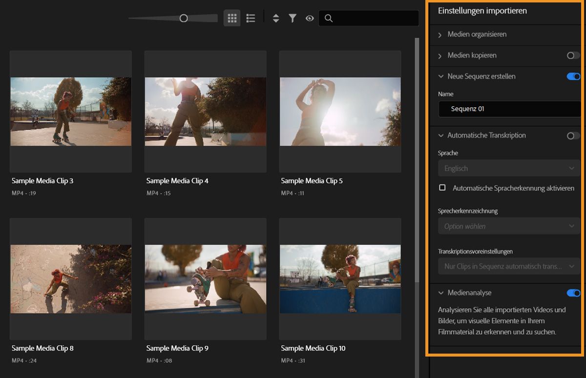 Das Bedienfeld „Importeinstellungen“ ist geöffnet und enthält mehrere anpassbare Einstellungen.Die automatische Transkription ist aktiviert und die Transkriptionseinstellungen sind so konfiguriert, dass alle importierten Clips automatisch transkribiert werden.Du kannst auch die Sprach- und Sprecherkennzeichnungsoptionen nach deinen Anforderungen aktualisieren.
