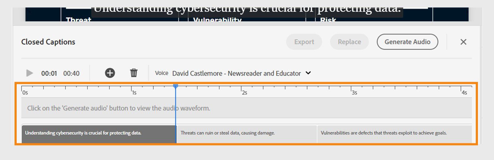 Closed Captions panel interface showing the transcript is added as closed captions