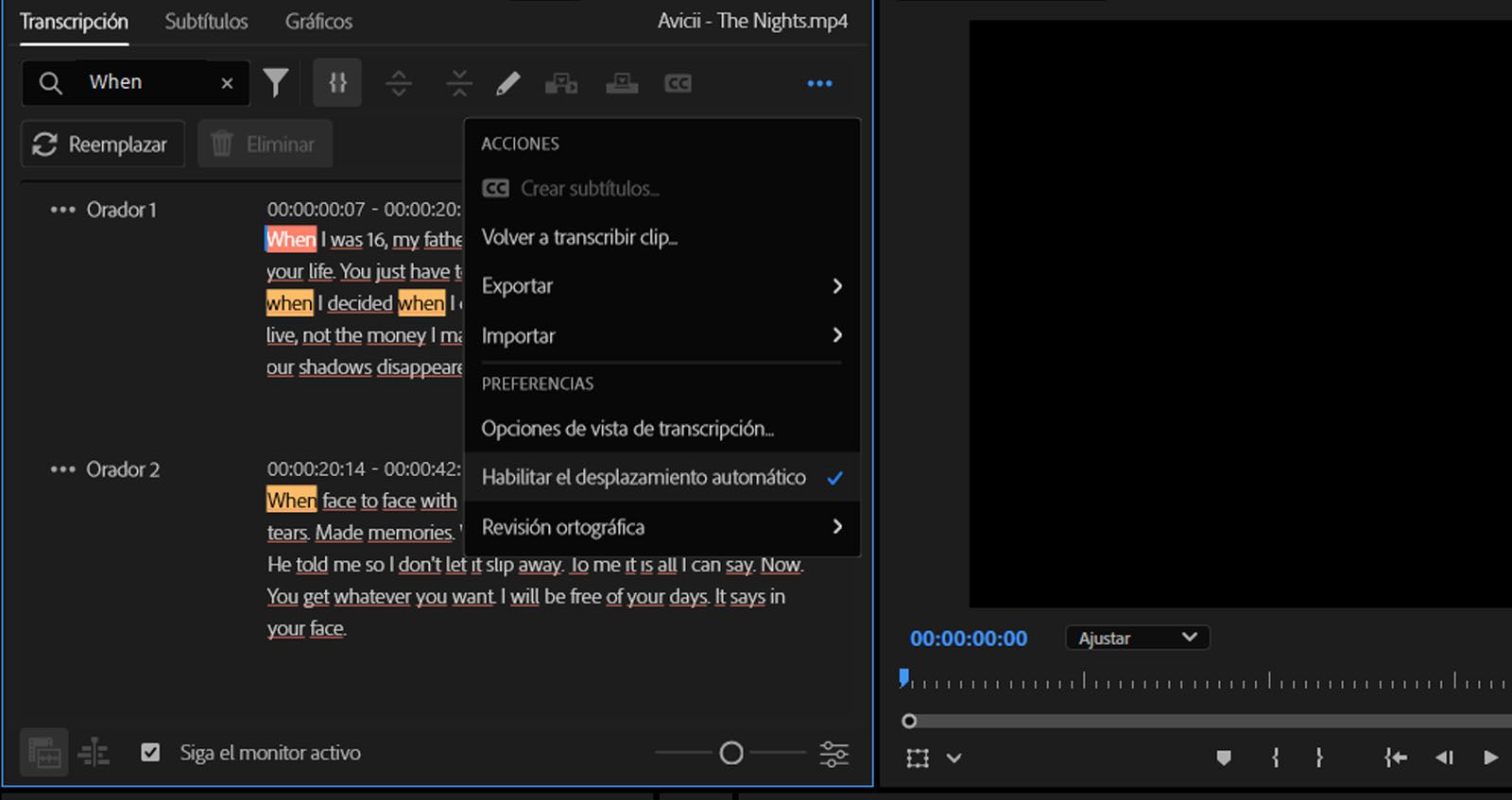 La sección de transcripción muestra las distintas acciones y preferencias disponibles tras transcribir un vídeo.