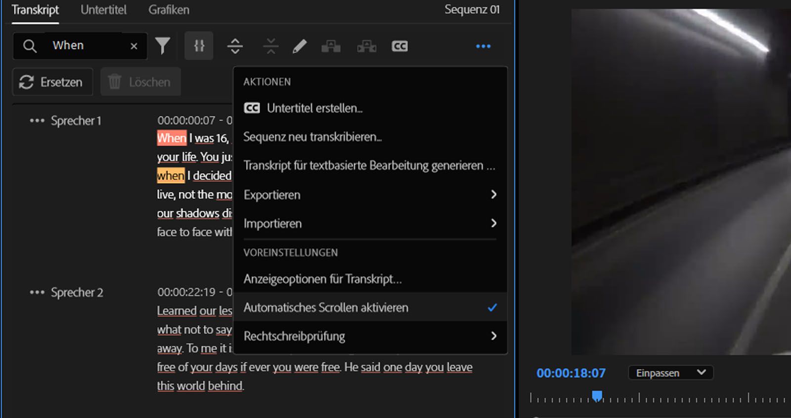 Der Abschnitt „Transkript“ zeigt verschiedene verfügbare Aktionen und Voreinstellungen nach der Transkription eines Videos.