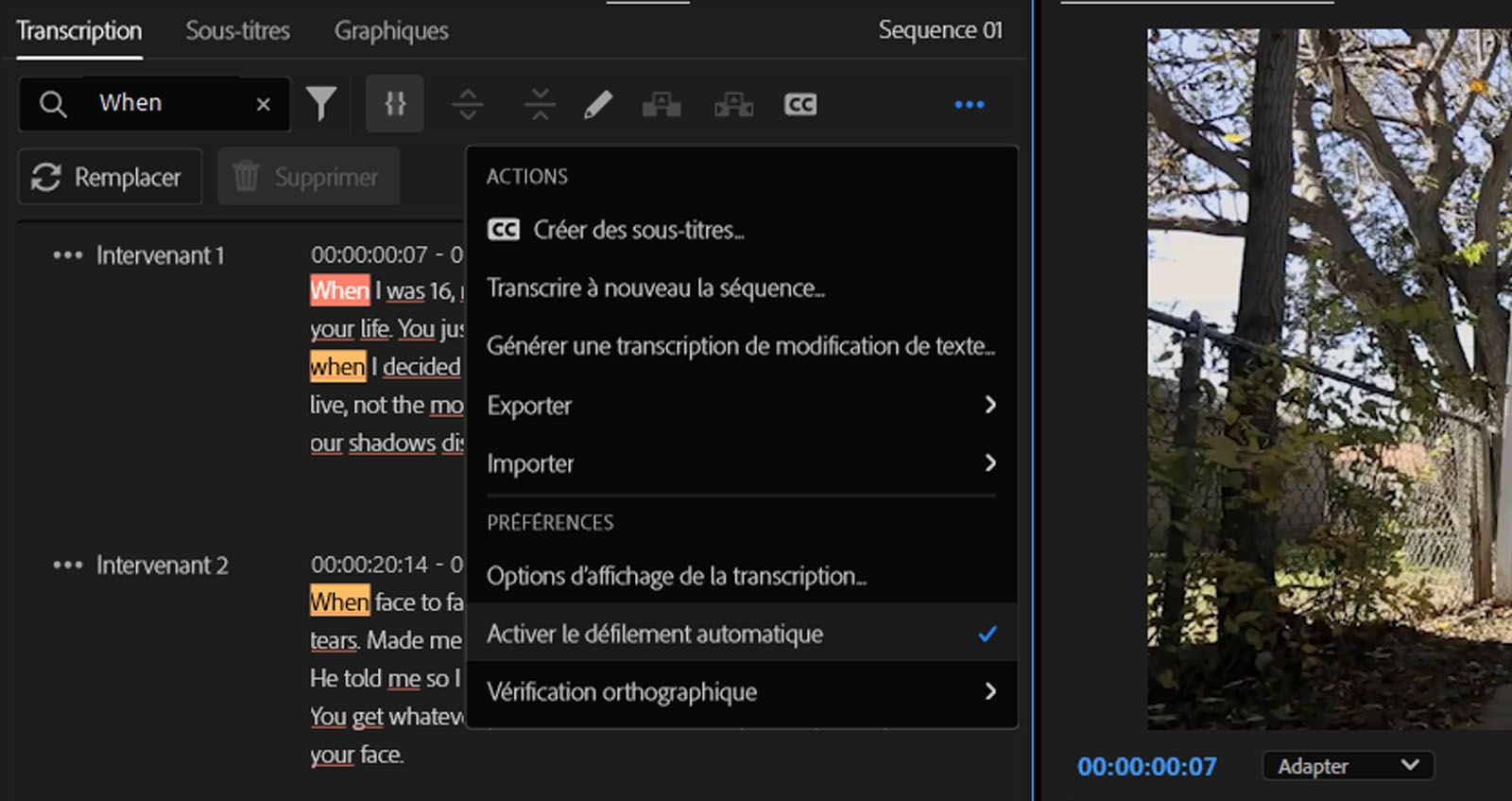 La section Transcription présente différentes actions et préférences disponibles après la transcription d’une vidéo.