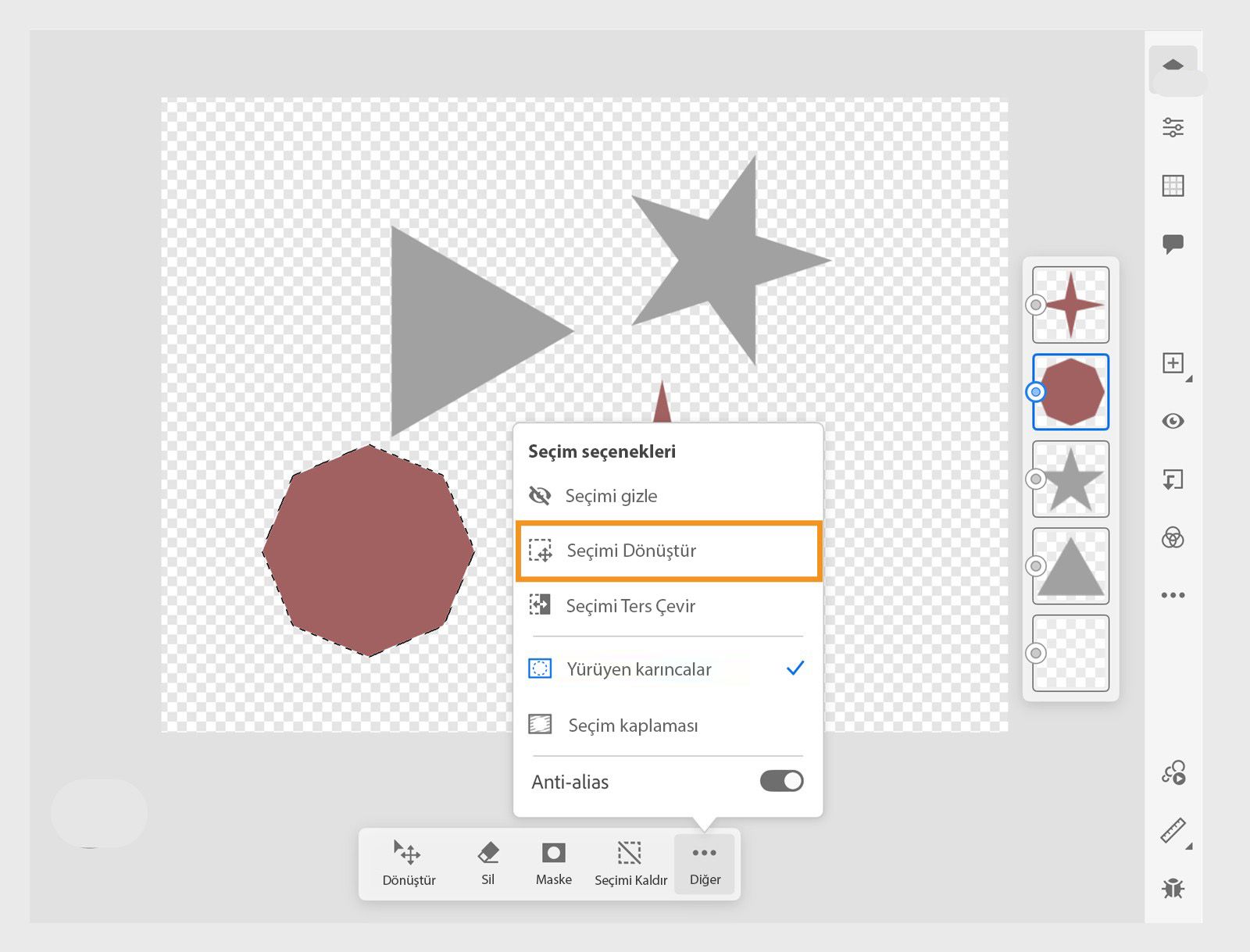 Birden fazla şeklin yer aldığı tuval ve Seçimi dönüştür seçeneği vurgulanmış Seçim seçenekleri menüsü.