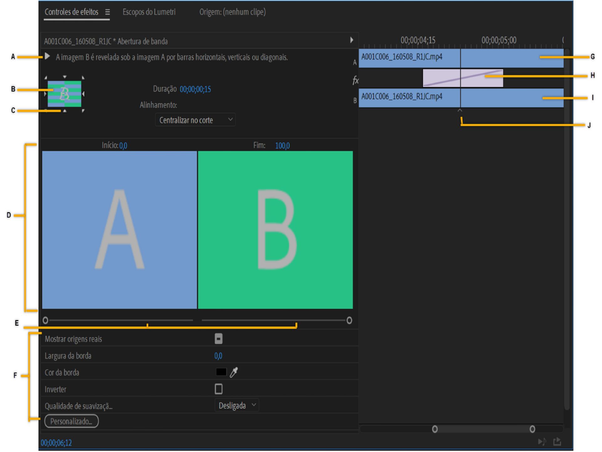 Transições no painel Controles de efeito