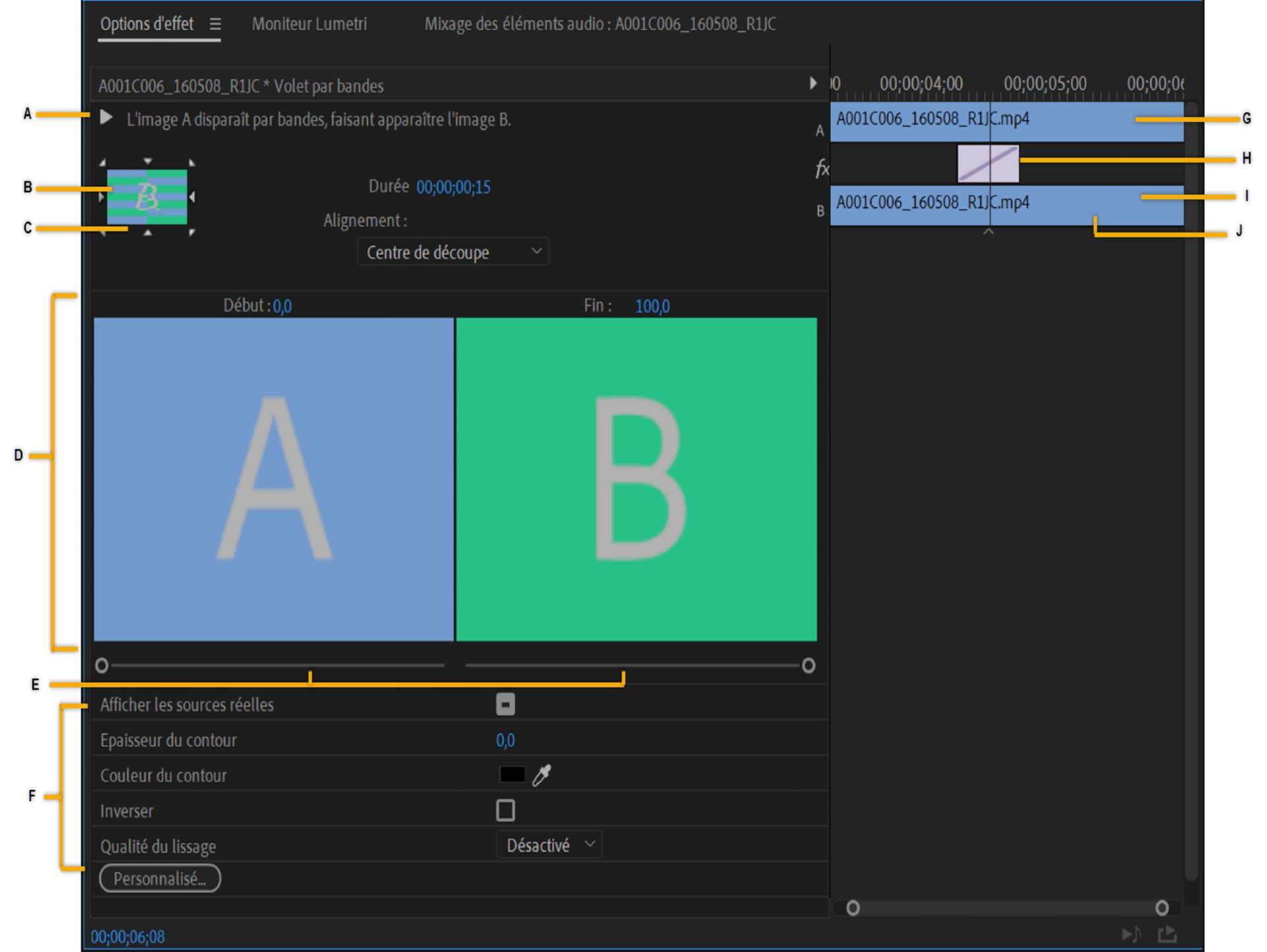 Transitions dans le panneau Options d’effet