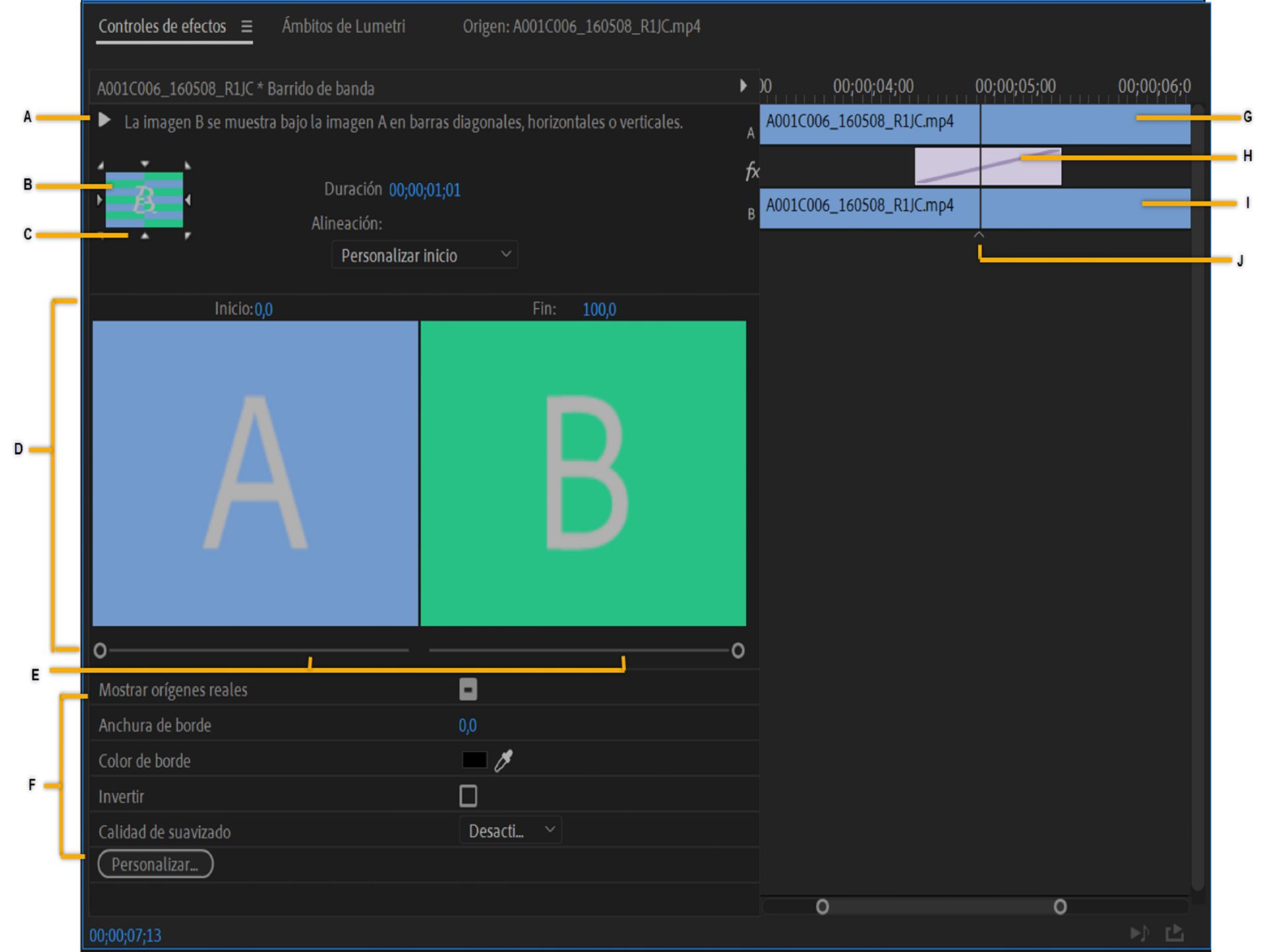Transiciones en el panel Controles de efectos