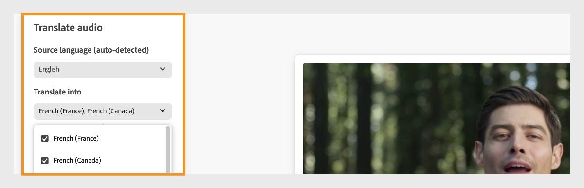 A video is uploaded and under the Translate audio section, there are two options - Source language and Translate into. In the Source language dropdown menu, English is detetcted and in the Translate into, French for France and Canada is selected.