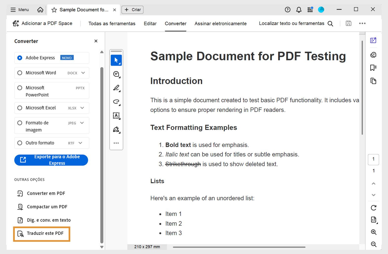 Interface do Acrobat com a opção “Converter” selecionada e “Traduzir PDF” realçado, indicando o início do fluxo de trabalho de tradução.