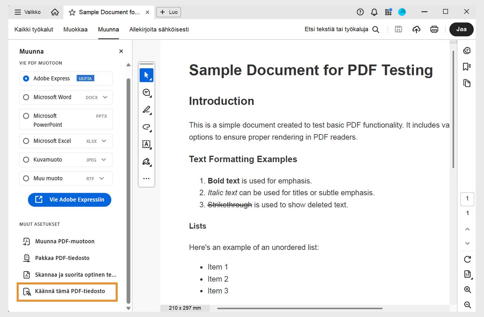 Acrobatin käyttöliittymä, jossa on valittu Muunna-vaihtoehto ja korostettu Käännä PDF, mikä osoittaa käännöstyönkulun aloituksen.