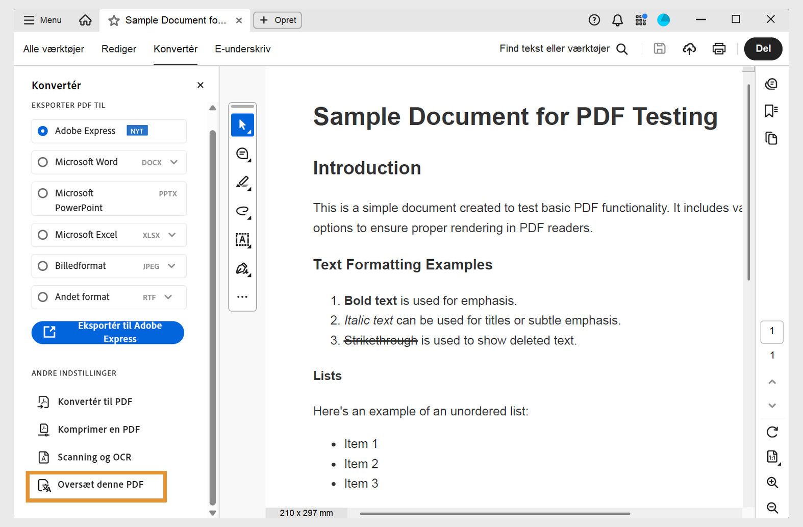 Acrobat-grænseflade med indstillingen Konvertér valgt og Oversæt PDF fremhævet, der angiver starten på arbejdsforløbet for oversættelse.