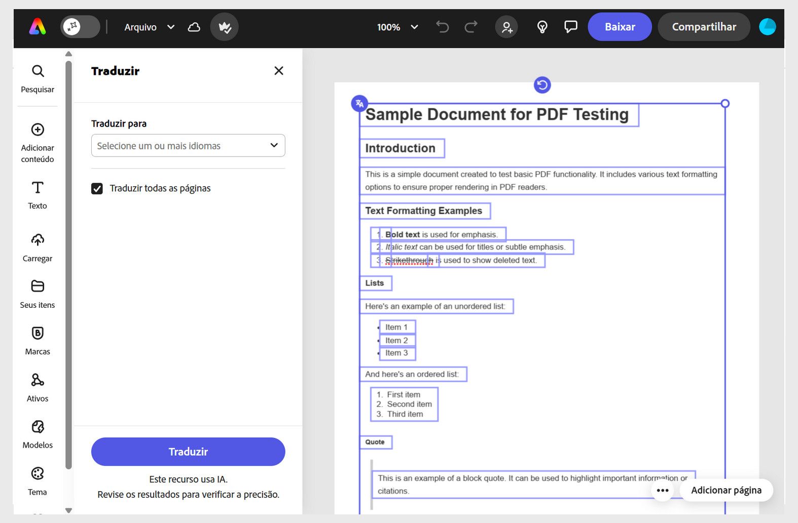 Interface do Adobe Express, exibindo o painel “Traduzir” com as opções de seleção de idioma.