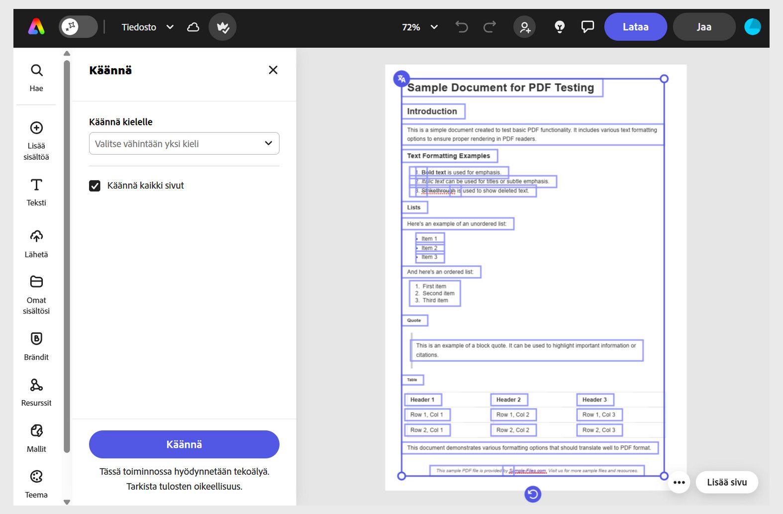 Adobe Expressin käyttöliittymä, jossa näkyy Käännä-paneeli kielivalintavaihtoehtoineen.