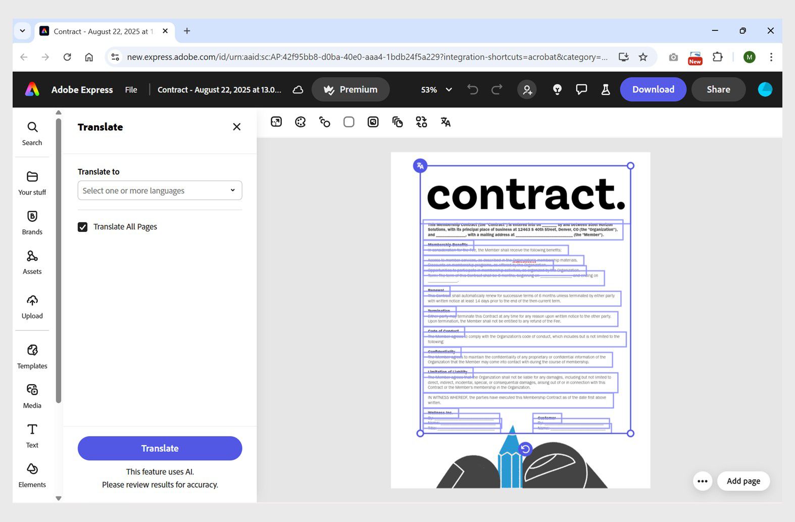 Interface ng Adobe Express na nagpapakita ng Translate panel na may mga opsyon sa pagpili ng wika.