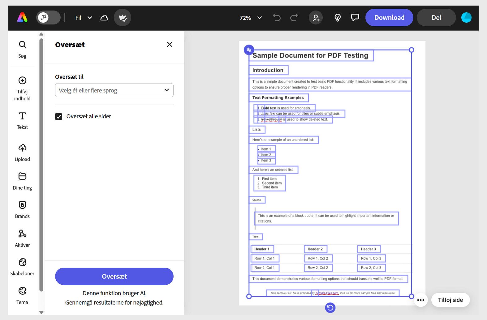 Adobe Express-grænseflade, der viser panelet Oversættelse med indstillinger for sprogvalg.