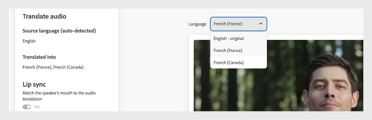 The Language dropdown menu is open and it lists all translated languages as well as the original one.