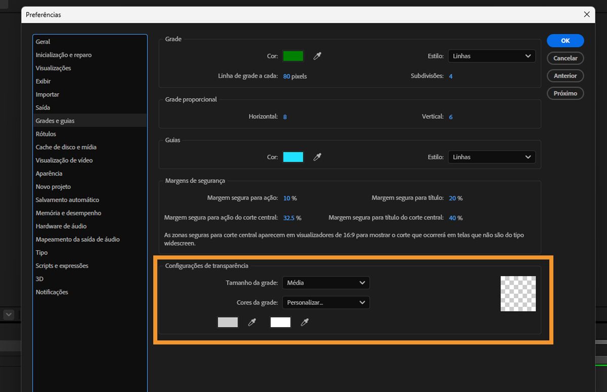 A caixa de diálogo “Preferências” aberta com a cor, o estilo e outras configurações de transparência especificados na seção “Configurações de transparência”.