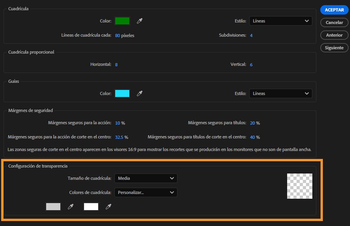 El cuadro de diálogo Preferencias está abierto y, en la sección Configuración de transparencia, se especifican el color, el estilo y otros ajustes de transparencia.