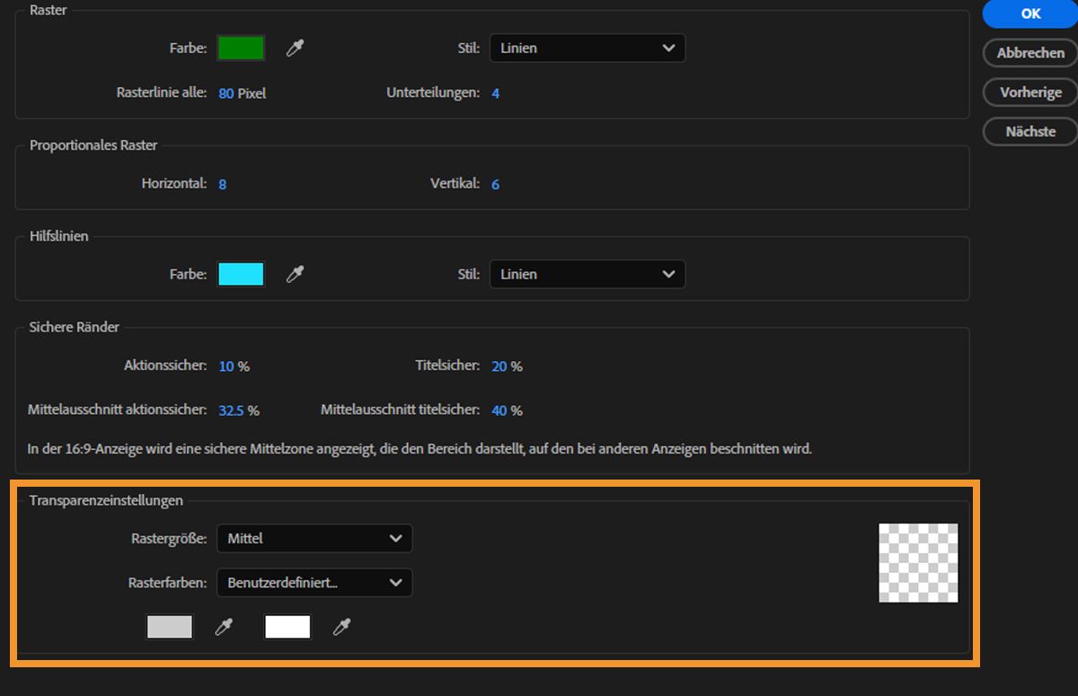 Das Dialogfeld „Voreinstellungen“ ist geöffnet und im Abschnitt „Transparenzeinstellungen“ sind Farbe, Stil und andere Einstellungen für die Transparenz festgelegt.