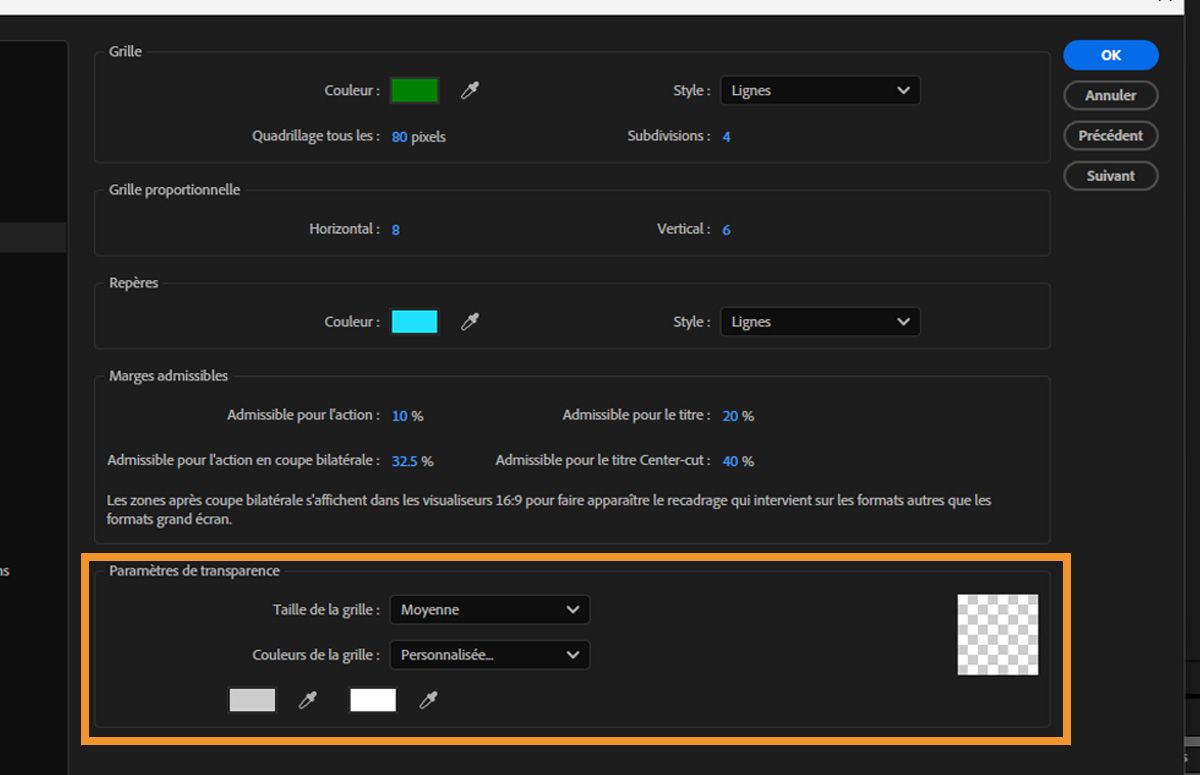La boîte de dialogue Préférences est ouverte et la section Paramètres de transparence permet de spécifier la couleur, le style et d’autres paramètres de transparence.