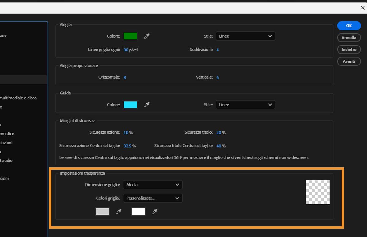La finestra di dialogo Preferenze è aperta e nella sezione Impostazioni trasparenza sono specificati colore, stile e altre impostazioni per la trasparenza.