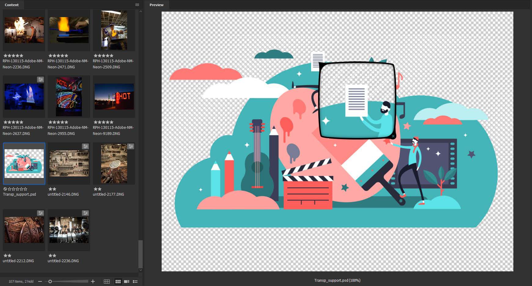 View checkerboard thumbnails and previews for transparent .PSD files in Bridge