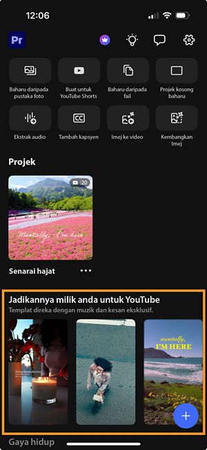 Premiere pada skrin utama iPhone menunjukkan galeri templat "Make it yours for YouTube" dengan templat video boleh diadun semula.