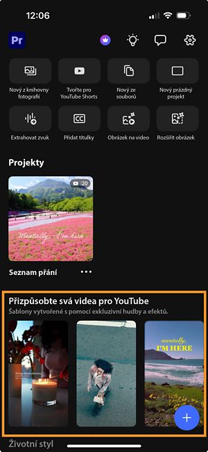 Premiere en la pantalla de inicio del iPhone mostrando la galería de plantillas “Personalícelo para YouTube” con plantillas de vídeo versionables.