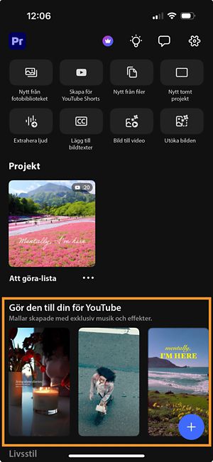 Hemskärmen för Premiere på iPhone som visar mallgalleriet ”Make it yours for YouTube” med remixbara videomallar.