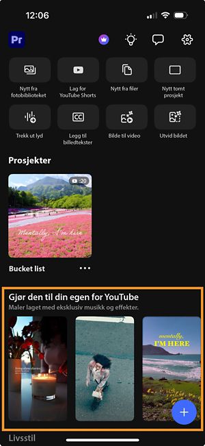 Premiere på iPhone-startskjermen som viser malgalleriet «Make it yours for YouTube» med videomaler som kan remikses.