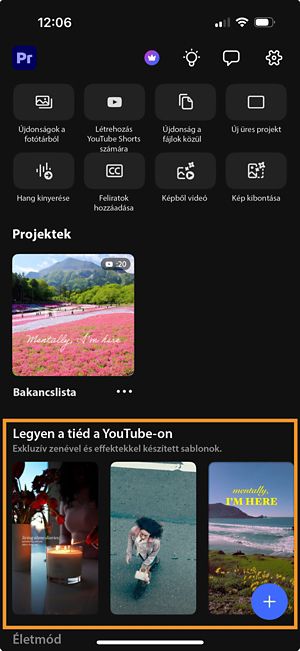 Az iPhone-on futó Premiere-alkalmazás kezdőképernyője, amely a remixelthető videósablonokat tartalmazó „Alakítsa sajátjává a YouTube-hoz” sablongalériát mutatja.