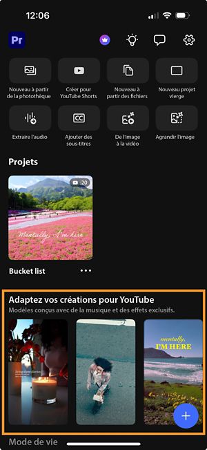 Écran d'accueil de Premiere sur iPhone affichant la galerie de modèles « Make it yours for YouTube » avec des modèles vidéo Remixable.