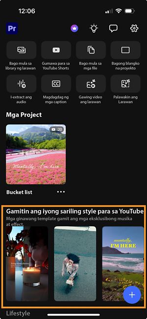 Premiere sa iPhone home screen na nagpapakita ng "Make it yours for YouTube" na templates gallery na may mga video template na pwedeng i-remix.