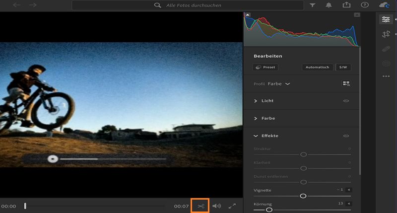 Das Zuschneidesymbol rechts unten im Zeitleistenbedienfeld.