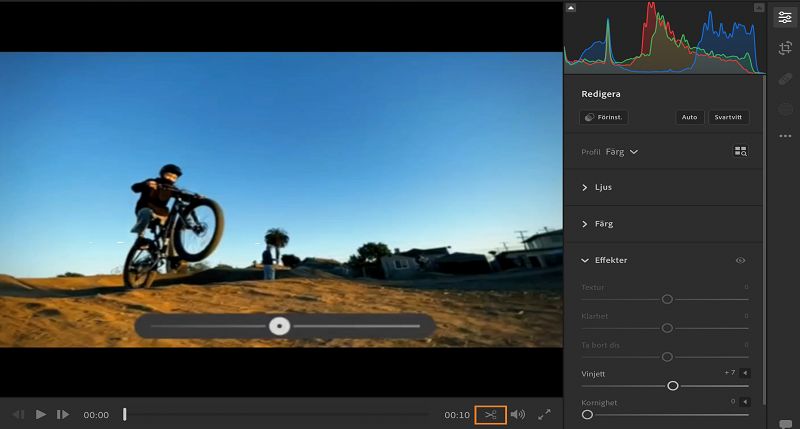 Klippningsikonen längst ned till höger om tidslinjepanelen.