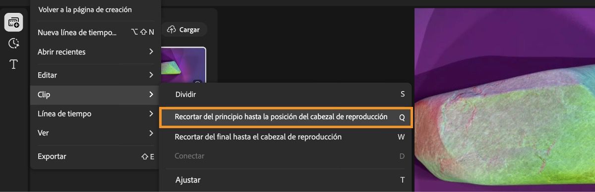 El menú está abierto y la opción Recortar desde el principio hasta el cabezal de reproducción está seleccionada en el menú Clip.