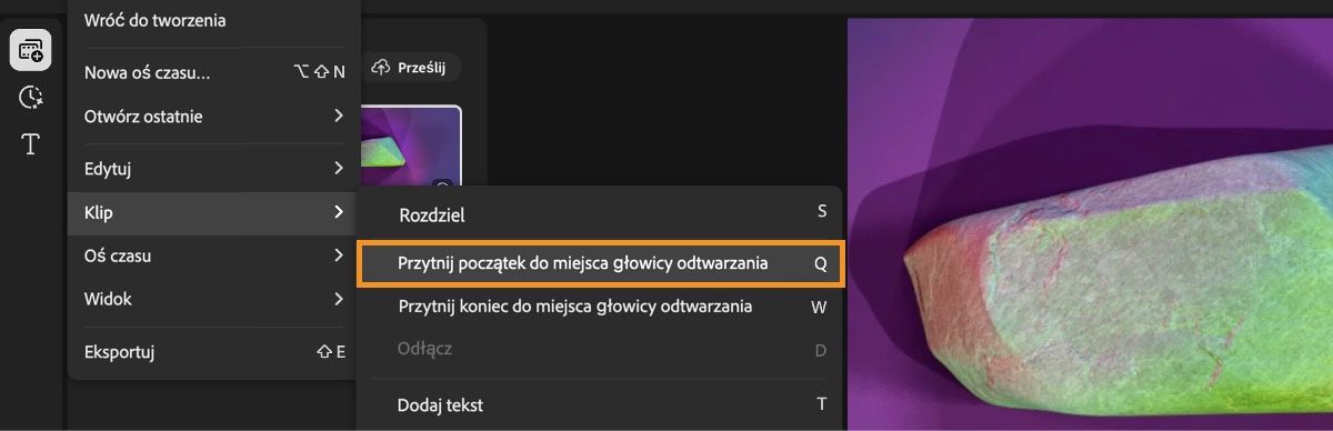 Menu jest otwarte, a opcja Przytnij początek do pozycji wskaźnika odtwarzania jest wybrana w menu Klip.