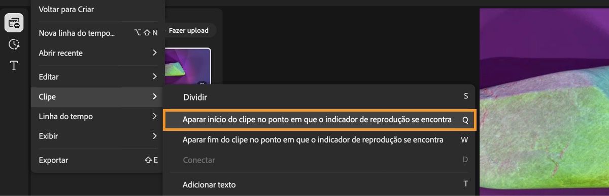 O menu está aberto e a opção Aparar início até o indicador de reprodução está selecionada no menu Clipe.