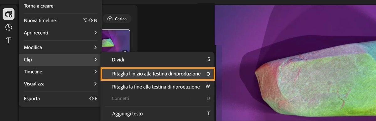 Il menu è aperto e l'opzione Taglia l'inizio fino alla testina di riproduzione è selezionata nel menu Clip.