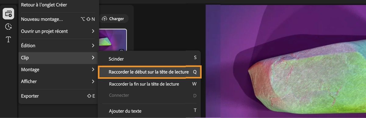 Le menu est ouvert et l’option Raccorder le début sur la tête de lecture est sélectionnée dans le menu Clip.