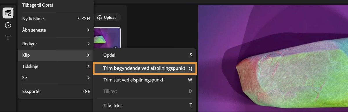Menuen er åben, og indstillingen Trim start til afspilningspunkt er valgt under menuen Klip.