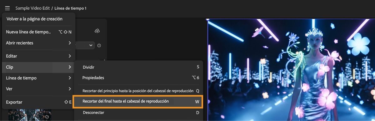 El menú está abierto y la opción Recortar final hasta el cabezal de reproducción está seleccionada en el menú Clip.