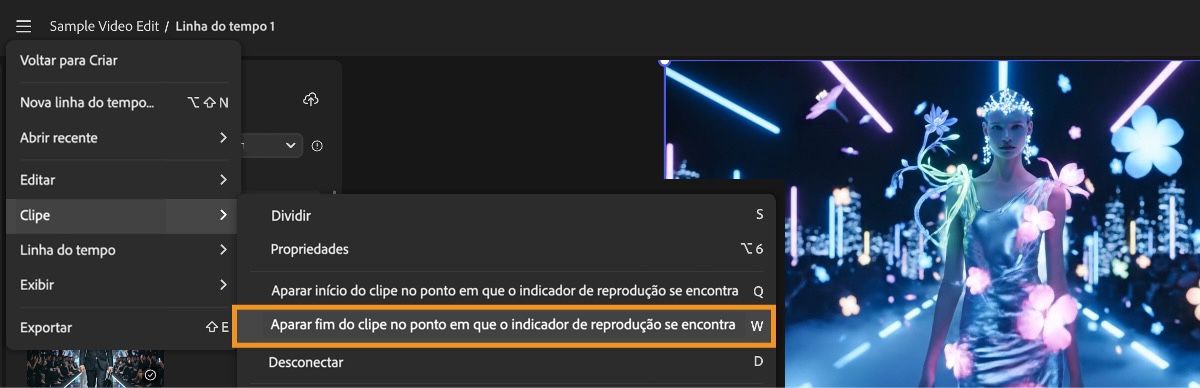 O menu está aberto, e a opção Aparar final até o indicador de reprodução está selecionada no menu Clip.