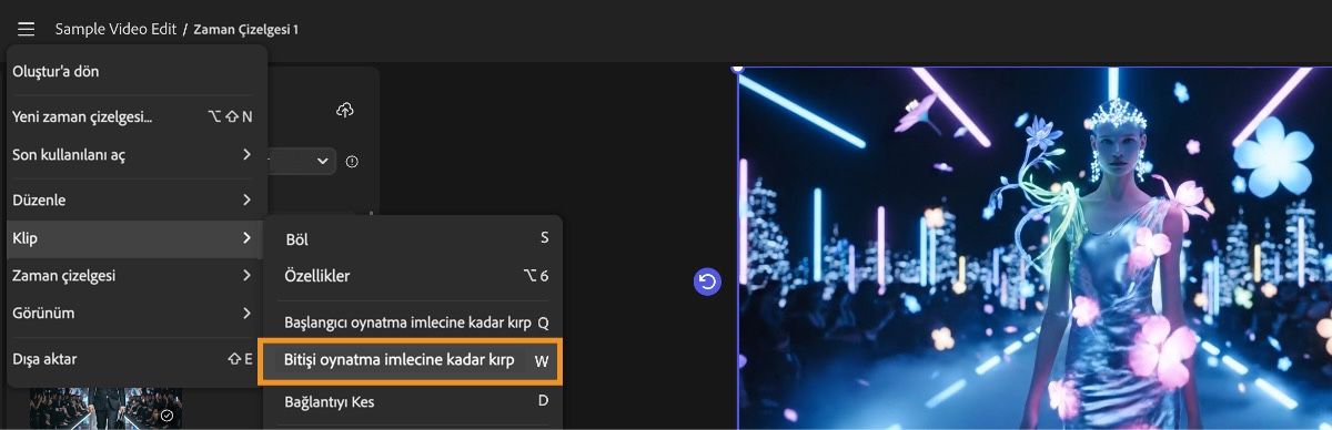 Menü açık ve Klip menüsü altında Sonunu oynatma kafasına kadar Kırp seçeneği seçili.