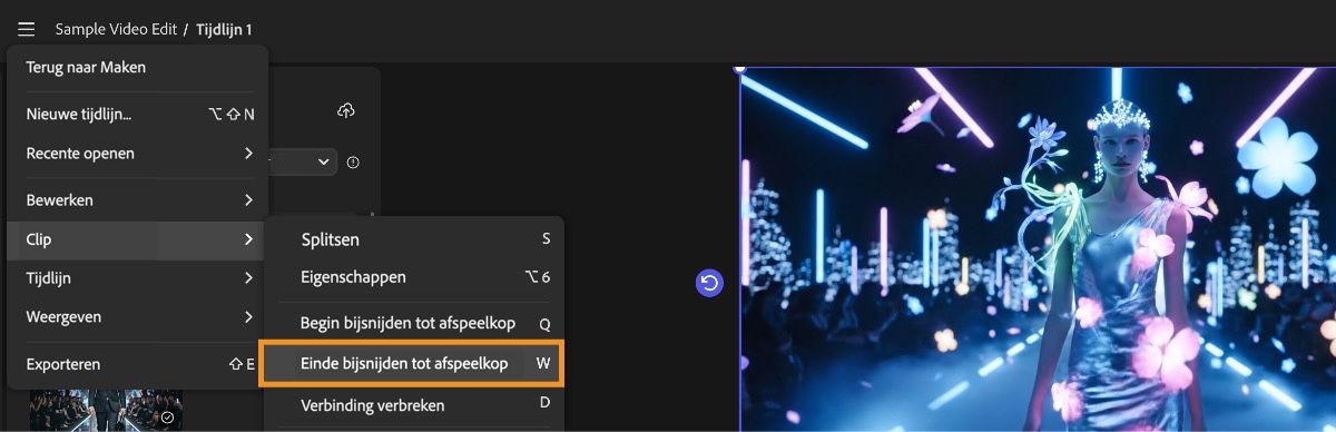 Het menu is geopend en de optie Einde bijsnijden tot afspeelkop is geselecteerd onder het Clip-menu.