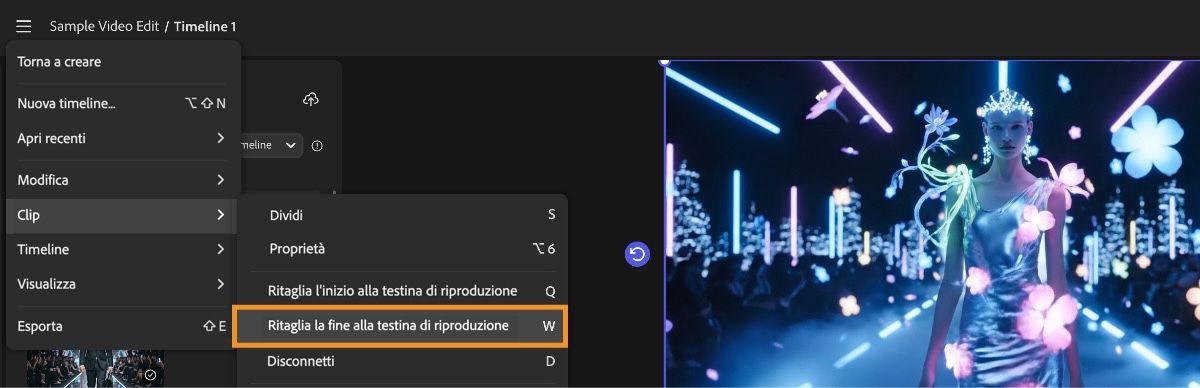 Il menu è aperto e l'opzione Taglia la fine fino alla testina di riproduzione è selezionata nel menu Clip.