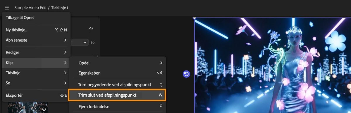 Menuen er åben, og indstillingen Trim slut ved afspilningspunkt er valgt i menuen Klip.